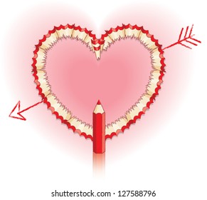 Red Pencil Shavings in Shape of Heart with Soft Glow and Drawn Arrow with Red Pencil plus Reflection  - Vector