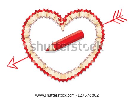 Red Pencil Shavings in Shape of Heart with Drawn Arrow and Red Pencil with Shadow - Vector