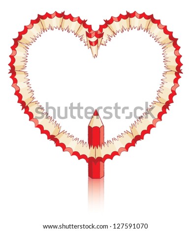 Red Pencil Shavings in Shape of Heart with Red Pencil and Reflection Behind- Vector