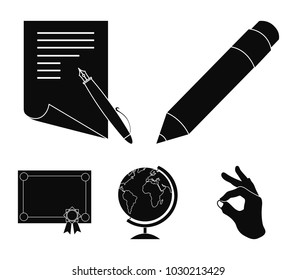 Red pencil, a sheet of paper with a blue handle, a diploma with a seal, a globe on a stand.School set collection icons in black style vector symbol stock illustration web.
