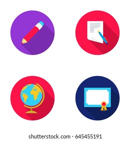 Red pencil, a sheet of paper with a blue handle, a diploma with a seal, a globe on a stand.School set collection icons in flat style vector symbol stock illustration web.