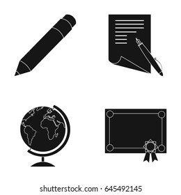 Red pencil, a sheet of paper with a blue handle, a diploma with a seal, a globe on a stand.School set collection icons in black style vector symbol stock illustration web.