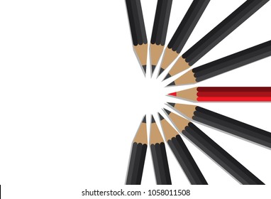 red pencil standing center of black crowd, leadership, initiative, think different, teamwork, business concept