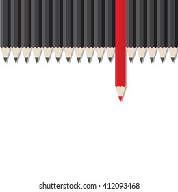 Red pencil standing out from black pencil in top view. think different. leadership, freedom, unique, independence, initiative, strategy dissent success business financial marketing advertising concept