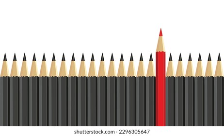 Red pencil standing out from crowd of plenty identical black fellows on white background. Leadership, uniqueness, independence, initiative, strategy, dissent, think different, business success concept