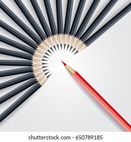 Red pencil standing out from crowd out from black pencil. business success leadership concept . vector illustration.
