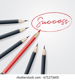 Red pencil standing out from crowd out from black pencil with success text. business success leadership concept . vector illustration.