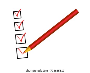red pencil with tick isolated on white