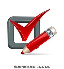 Red pencil and tick mark icon. Vector illustration