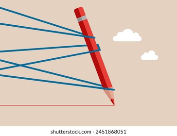 Red pencil trying to run away with full effort. Business difficulty or struggle with career to overcome to success. Flat vector illustration