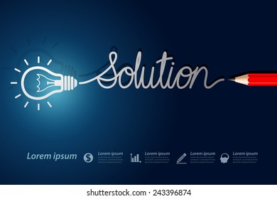 Red pencil write solution with light bulbs on blue background