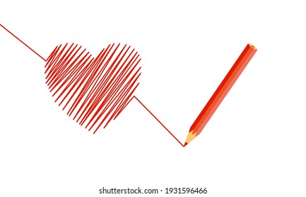 There’s a red pencil writing a heart shape isolated on white background. 