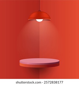 Red pendant lamp illuminating a round floating shelf. Minimalistic interior design with soft shadows and warm light, cozy atmosphere, mockup design with spotlight effect