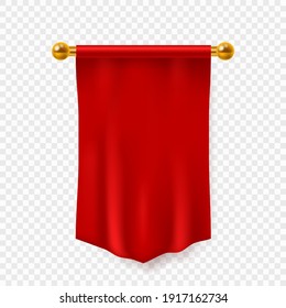 Red Pennant. 3d Realistic Empty Textile Hanging On Wall Advertising Flag, Exhibition Clear Fabric Mockup, Template For Logo And Branding, Vector Isolated On Transparent Background Single Illustration