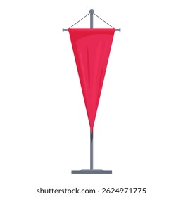 Red pennant flag hanging on metal pole displaying important information on white background