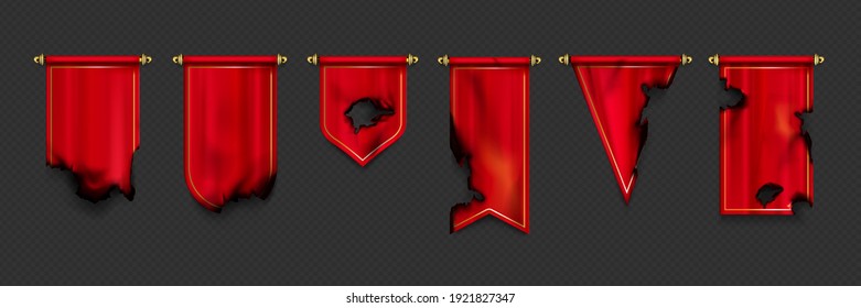 Red pennant flags different shapes with burnt edges and holes after fire or war. Vector realistic template of canvas pendants on gold pins, old torn textile pennons isolated on transparent background