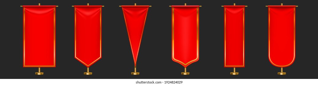 Red pennant flags different shapes on gold pillar. Vector realistic template of blank textile pennons on golden pole for sport teams, varsity or heraldic symbols isolated on gray background