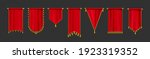 Red pennant flags mockup, blank hanging banners with golden tassels, rounded, concave, pointed and double edges. Medieval heraldic ensign templates, canvas. Realistic 3d vector icons isolated set
