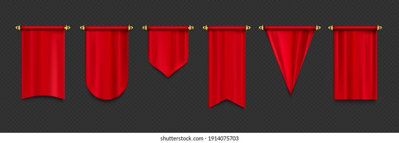 Red pennant flags mockup, blank hanging banners with rounded, concave, pointed and double edges. Medieval heraldic ensign templates. Realistic 3d vector icons set isolated on transparent background