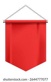 Red pennant hanging from a metallic support, featuring a blank space ideal for promoting events, sales, or important messages, set against a clean white background
