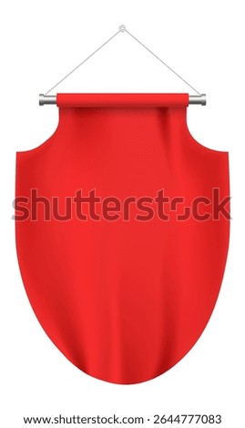 Red pennant hanging from a metallic support, secured with two ropes and a ring against a white background, creating a striking and memorable visual for various promotional needs