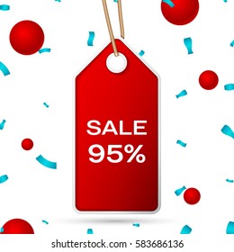 Red pennant with an inscription Big Sale ninety five percent Discounts over a white background and confetti. Sale concept for shops store market, web and other commerce. Vector illustration.