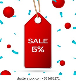 Red pennant with an inscription Big Sale five percent Discounts over a white background and confetti. Sale concept for shops store market, web and other commerce. Vector illustration.