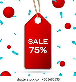 Red pennant with an inscription Big Sale seventy five percent Discounts over a white background and confetti. Sale concept for shops store market, web and other commerce. Vector illustration.
