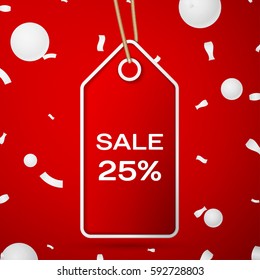 Red pennant with an inscription Big Sale twenty five percent Discounts over a red background and confetti. Sale concept for shops store market, web and other commerce. Vector illustration
