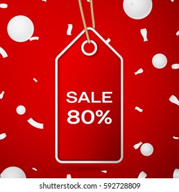 Red pennant with an inscription Big Sale eighty percent Discounts over a red background and confetti. Sale concept for shops store market, web and other commerce. Vector illustration