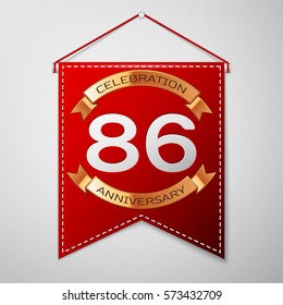 Red pennant with inscription Eighty six Years Anniversary Celebration Design over a grey background. Golden ribbon. Colorful template elements for your birthday party. Vector illustration