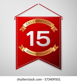 Red pennant with inscription Fifteen Years Anniversary Celebration Design over a grey background. Golden ribbon. Colorful template elements for your birthday party. Vector illustration