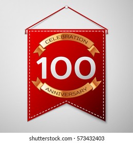 Red pennant with inscription Hundred Years Anniversary Celebration Design over a grey background. Golden ribbon. Colorful template elements for your birthday party. Vector illustration