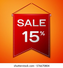 Red pennant with inscription sale fifteen percent Discounts over a orange background. Sale concept for shops store market, web and other commerce. Vector illustration.