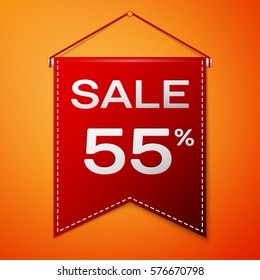 Red pennant with inscription sale fifty five percent Discounts over a orange background. Sale concept for shops store market, web and other commerce. Vector illustration.