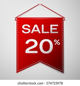 Red pennant with inscription sale twenty percent Discounts over a grey background. Sale concept for shops store market, web and other commerce. Vector illustration.