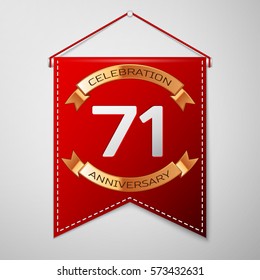 Red pennant with inscription Seventy one Years Anniversary Celebration Design over a grey background. Golden ribbon. Colorful template elements for your birthday party. Vector illustration