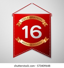 Red pennant with inscription Sixteen Years Anniversary Celebration Design over a grey background. Golden ribbon. Colorful template elements for your birthday party. Vector illustration