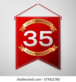 Red pennant with inscription Thirty five Years Anniversary Celebration Design over a grey background. Golden ribbon. Colorful template elements for your birthday party. Vector illustration