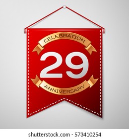 Red pennant with inscription Twenty nine Years Anniversary Celebration Design over a grey background. Golden ribbon. Colorful template elements for your birthday party. Vector illustration