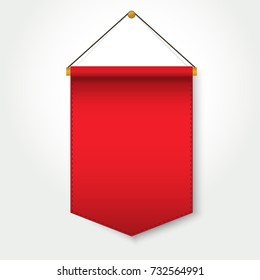 Red Pennant Template Hanging On Wall, Blank Flag Banner, Empty Poster Mockup. Vector