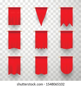 Red pennants 3d realistic vector illustrations set. Advertising fabric pendants pack. Textile pennons isolated on transparent background. Blank hanging flags collection. Bright color banner template