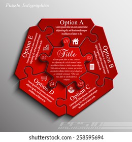 Pentágono vermelho Cinco peças de quebra-cabeça plano em torno de apresentação infográfica. Diagrama de negócios em círculo de 5 etapas. Cinco seções comparam o banner de serviço. Forma de modelo de ilustração vetorial . Plano de fundo abstrato 3d
