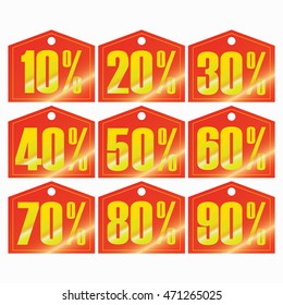 red pentagon shape discount tag 10%, 20%, 350%, 40%, 50%, 60%, 70%, 80%, 90%