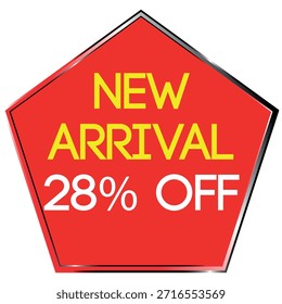 Red pentagon shape with yellow text NEW ARRIVAL and white text 28% OFF on white background Scalab...