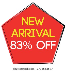 Red pentagon shape with yellow text NEW ARRIVAL and white text 83% OFF on white background Scalab...