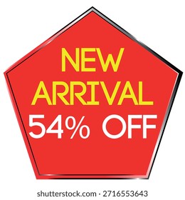 Red pentagon shape with yellow text NEW ARRIVAL and white text 54% OFF on white background Scalab...