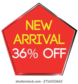 Red pentagon shape with yellow text NEW ARRIVAL and white text 36% OFF on white background Scalab...