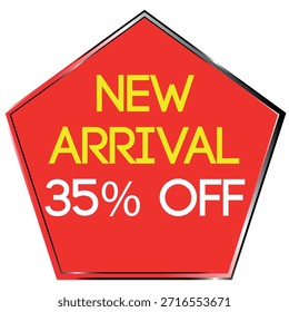 Red pentagon shape with yellow text NEW ARRIVAL and white text 35% OFF on white background Scalab...