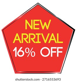 Red pentagon shape with yellow text NEW ARRIVAL and white text 16% OFF on white background Scalab...